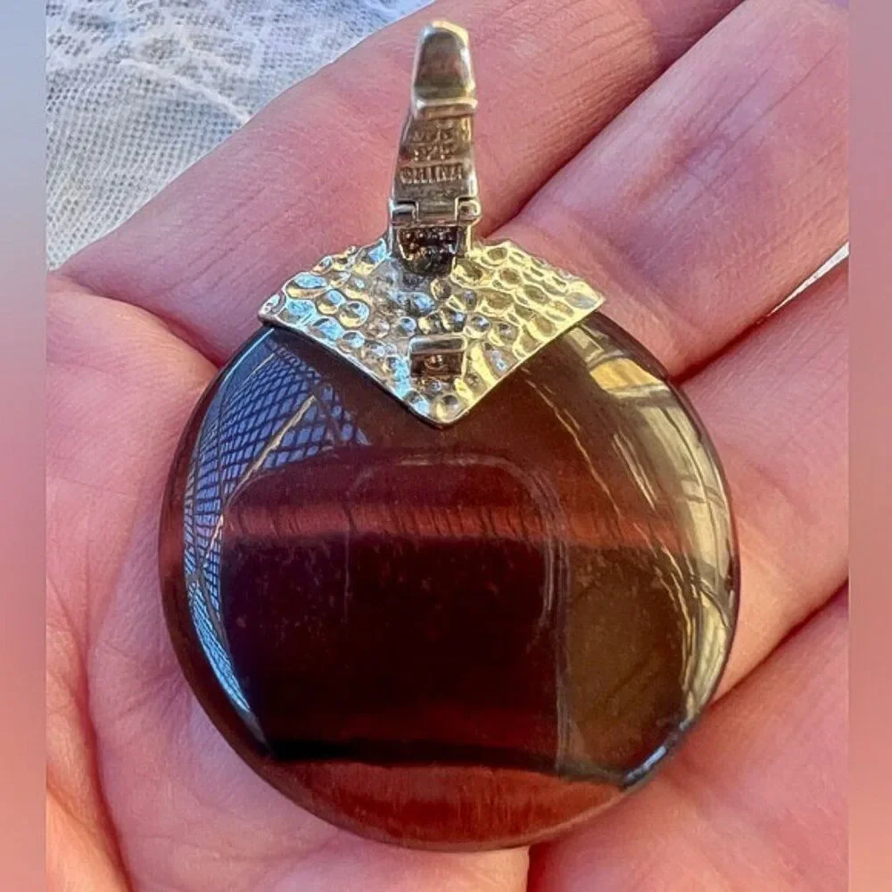Vintage Whitney Kelly Large Red Tiger Eye & Sterling Pendant Necklace